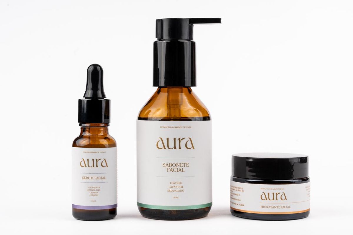 Linha Aura Cosméticos: sabonete, sérum e hidratante facial